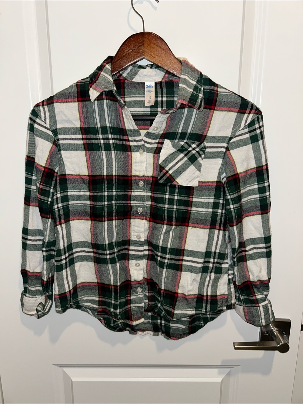 Justice Green White Plaid Button-Up Shirt with Red Accents